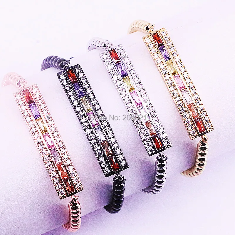 

8Pcs Trendy Micro Pave CZ Rainbow Rectangle Connector with 4mm Beads Braided Macrame Bracelet for women Jewelry