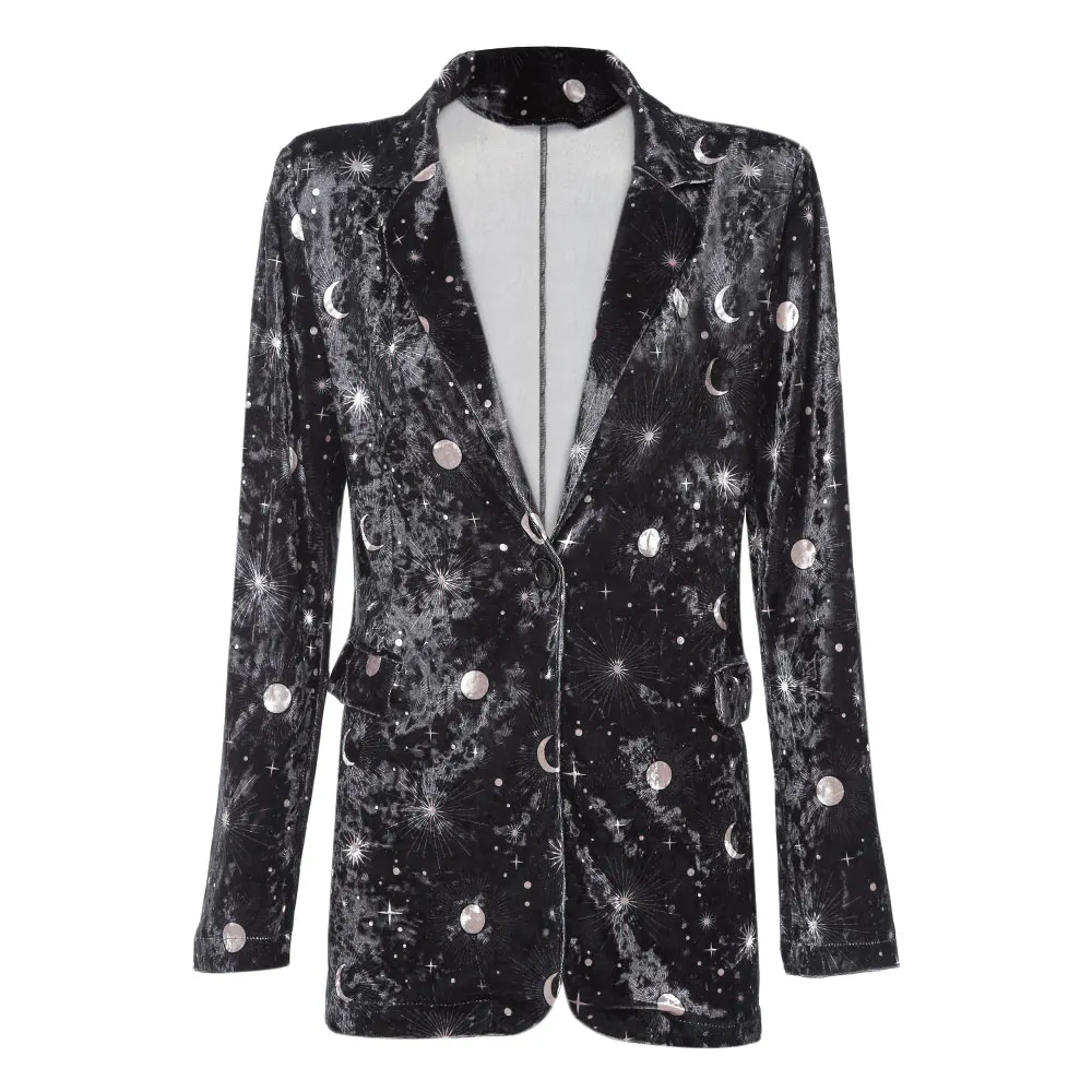 

VESTLINDA Blazer Women Suit Trendy Neck Long Sleeve Moon Star Print Shoulder Padded Velour Button Pocket Office Outwear On Sale