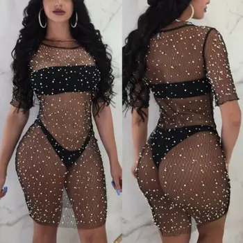 Sexy Women Summer Sequins Crystal Swimwear Beach Dress Ladies Summer Sexy Solid Half Sleeve Mini Dresses Female Sexy Women Summer Sequins Crystal Swimwear Beach Dress Ladies Summer Sexy Solid Half Sleeve Mini Dresses Female