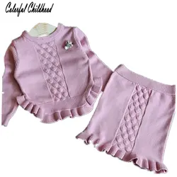 Одежда для маленьких девочек комплекты Жаккард оборками трикотажный пуловер Футболка + сладкий юбка-пачка детская одежда для девочек