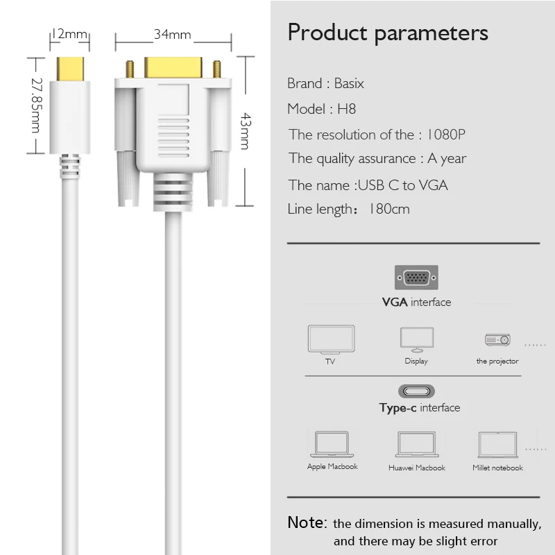 USB C VGA кабель (6 футов 1080 p) Type адаптер Шнур для 2017/2016 MacBook Pro iMaec Surface Book 2 Gaelaxy S8 +/Note 8 Chr|