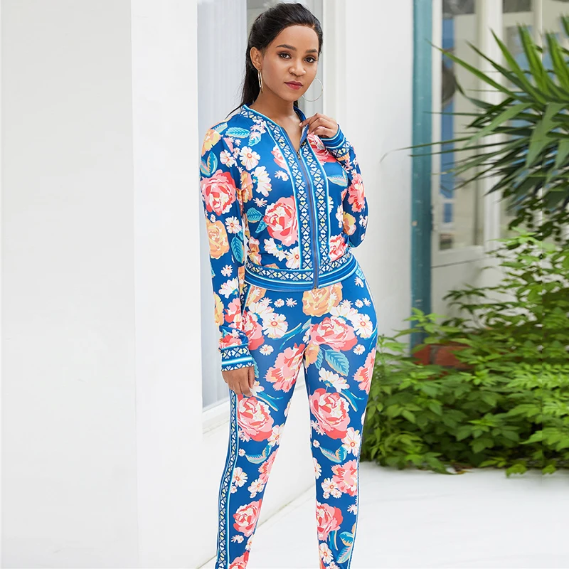 أزياء المرأة اثنين من قطعة مجموعة منفذها سترة طماق مجموعة الملونة الأزهار المطبوعة عالية الخصر طويلة الأكمام الخريف معطف السراويل دعوى