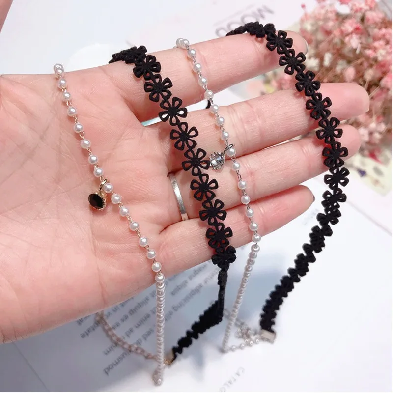 

2019 Korean New Women Double Layer Choker Necklace Small Crystal Pearl Beads Necklaces For Girls Summer Accessories