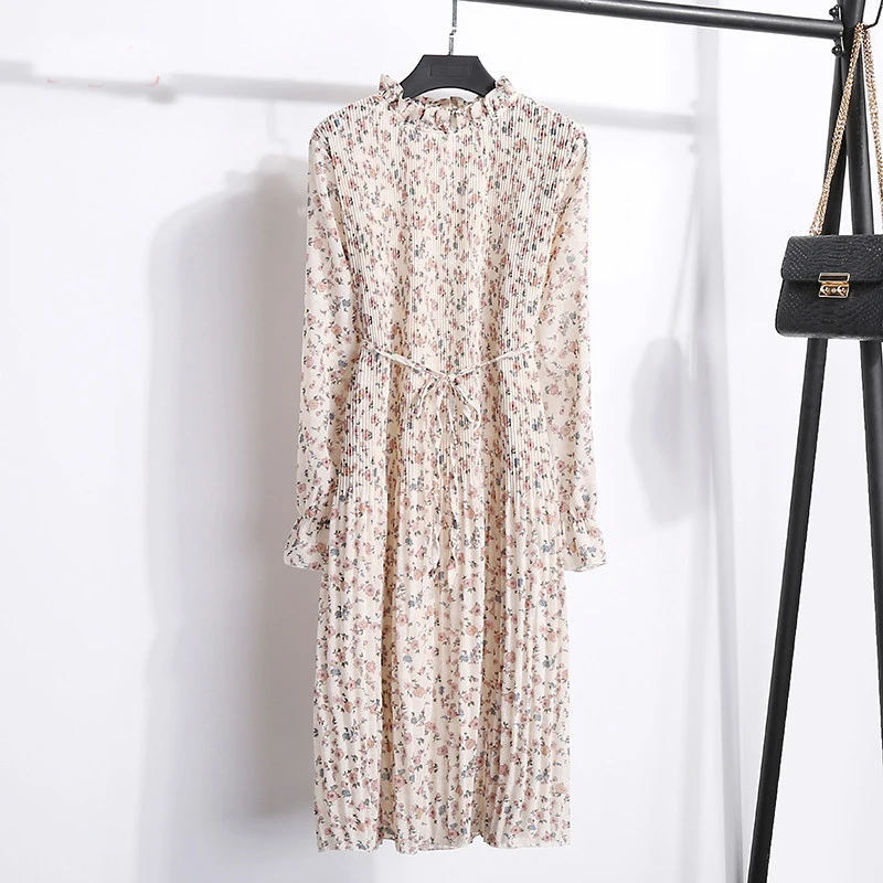 

Spring And Summer 2019 New Korean Version Women'S Stand Flower Chiffon Pleated Dresses Female'S Fashion Large Size Dresse