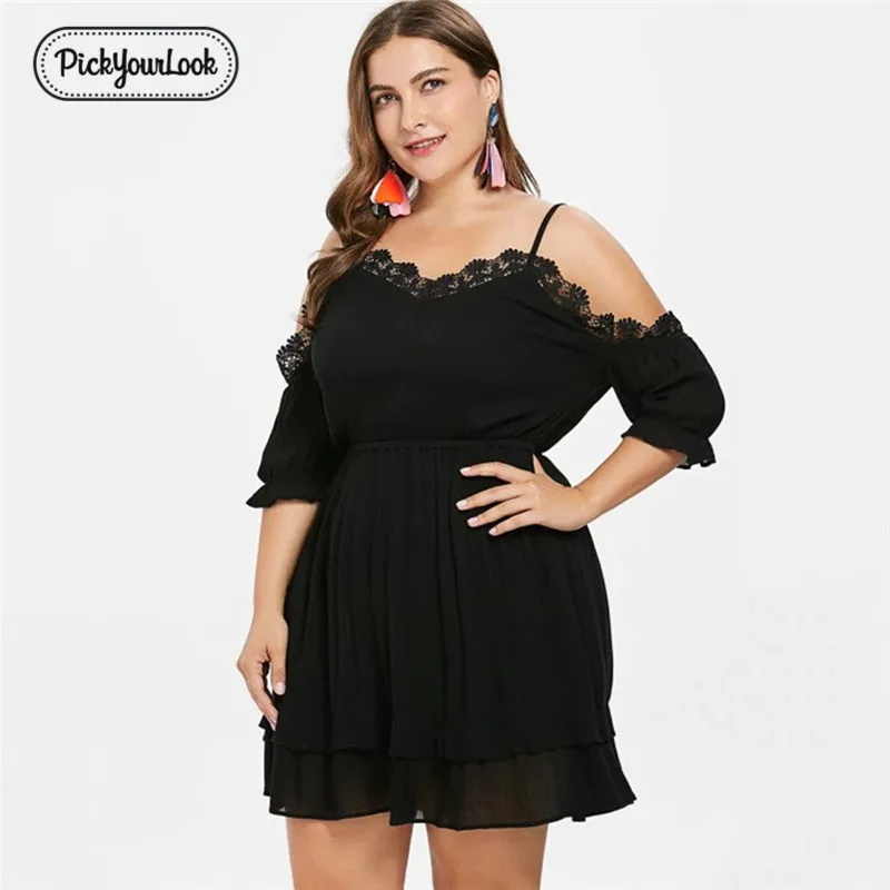

Pickyourlook Plus Size Women Dress Spaghetti Strap Summer Dress For Ladies Large Size Cami Short Sleeve Black Oversize Vestidos