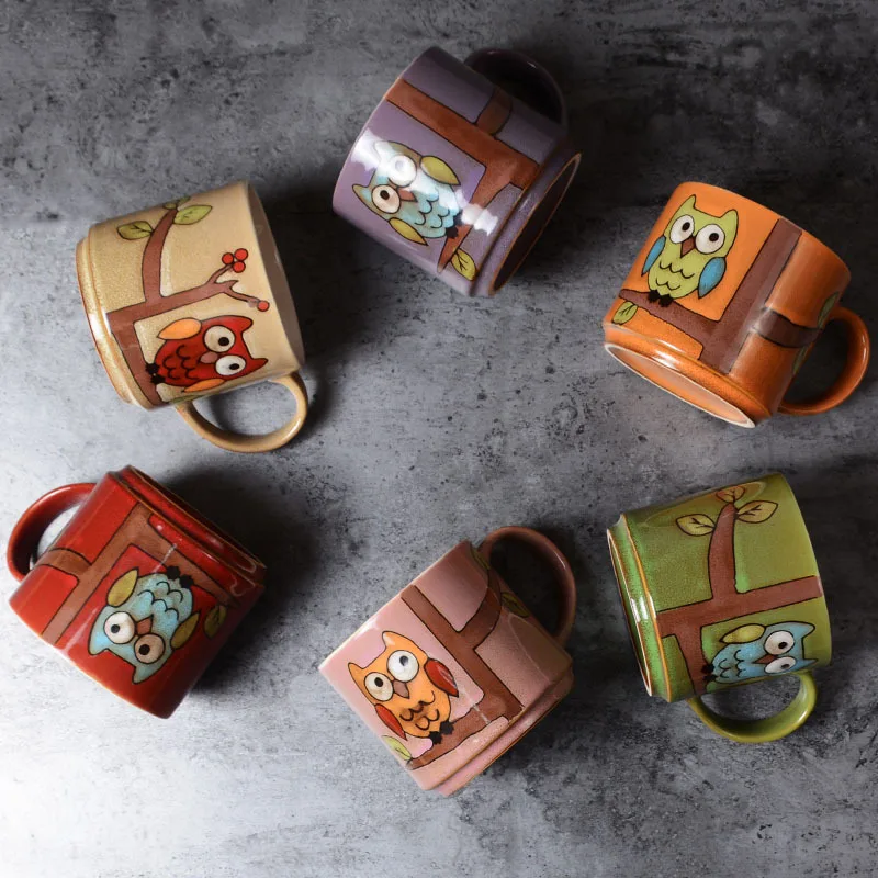 

Retro Style Cartoon Night Owl High-capacity Breakfast Oatmeal Milk Cup Colour Ceramic Glaze Coffee Mug Cute Taza Anime Tumbler