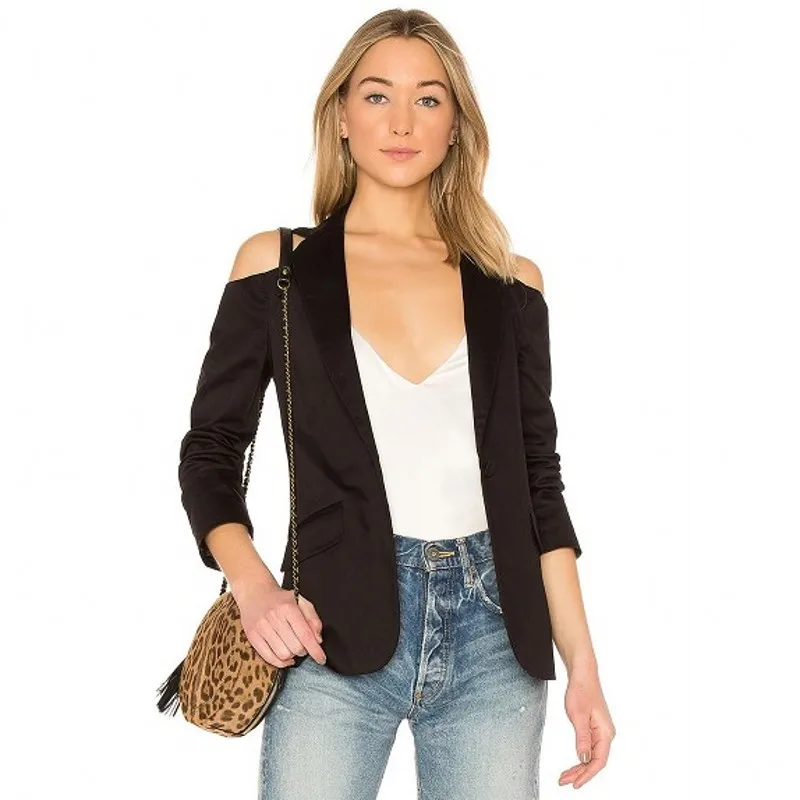 MINSUNDA Black Cold Shoulder Single Button Blazer Ladies Workwear Women Pocket Front Blazers And Jackets Notched Casual Outwear