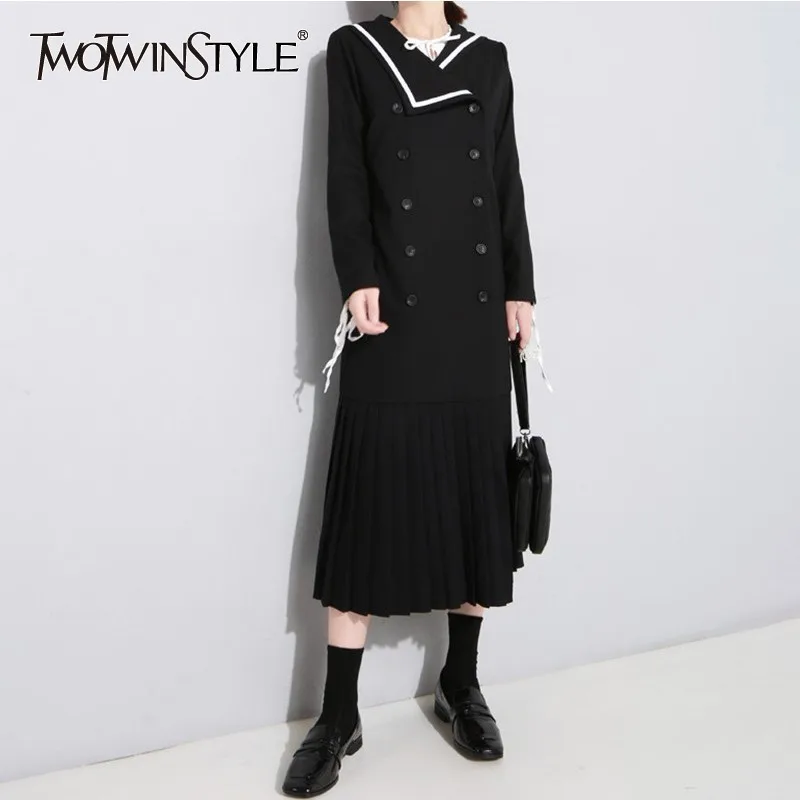 TWOTWINSTYLE Long Trench Coats Female Sailor Collar Long Sleeve Pleated Hem Windbreakers For 