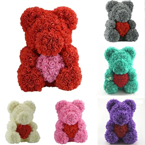 

40cm Pink Rose Teddy Bear /w Heart Flower Gift For Girlfriend Birthday Wedding Foam Rose Valentines Day Gift