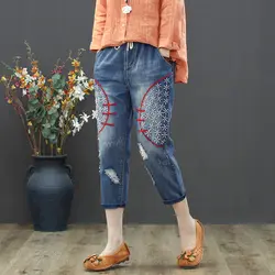 Плюс Размеры Высокая талия женские джинсы свободные дамы рваные джинсы Цветочные вышитые джинсовые брюки для Для женщин