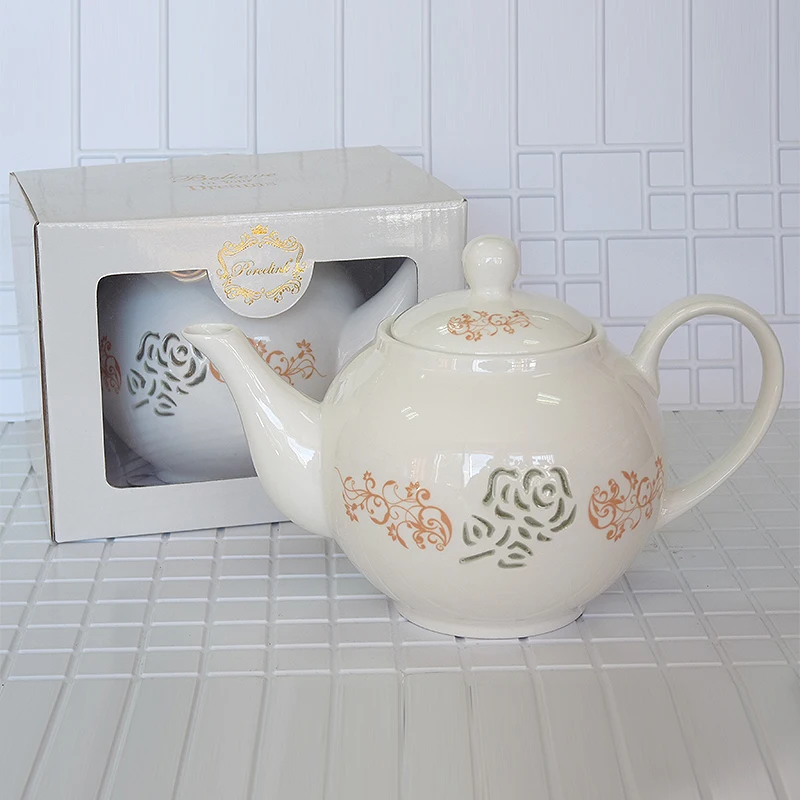 

High quality bone china handmade teapot White gray abstract flower pattern 1000ml Birthday Holiday Gift