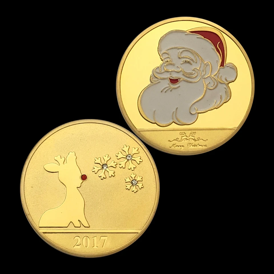 

Luxury Christmas Gifts Santa Claus and Deer Gilded Metal Token Coin Collectibles and Coin Capsules