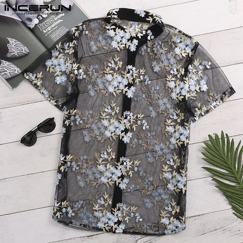 INCERUN See Through Men Shirt Mesh Fashion Flower Embroidered Button Male Tops Transparent Short Sleeve Sexy Lace Shirt Men