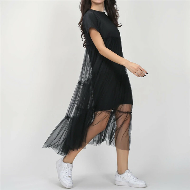

Summer Korean Splicing Pleated Tulle Mesh Dresses Women Big Size Black Color Fashion 2019 See Through Fashion Loose Long Dress