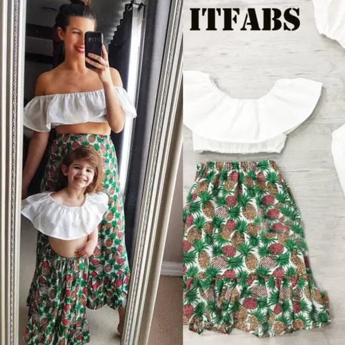 

2019 Summer Mother and Daughter Holiday Clothes Parent-child Bohemia Cute Off Shoulder Crop Top Skirt Family Matching