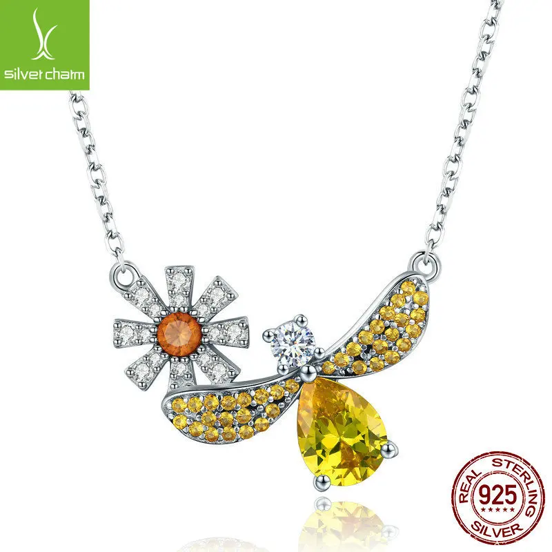 

Jewelry Making 925 Sterling Silver Daisy with Bee Yellow CZ Pendant Necklace For Women 925 Jewelry Fashion Gift