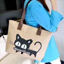 Cartoon Kitty Canvas Bag Single Shoulder Package Korean Edition Fashion Portable Leisure Time Cat Eat Fish Bag Woman Package cartoon fish women leisure watch