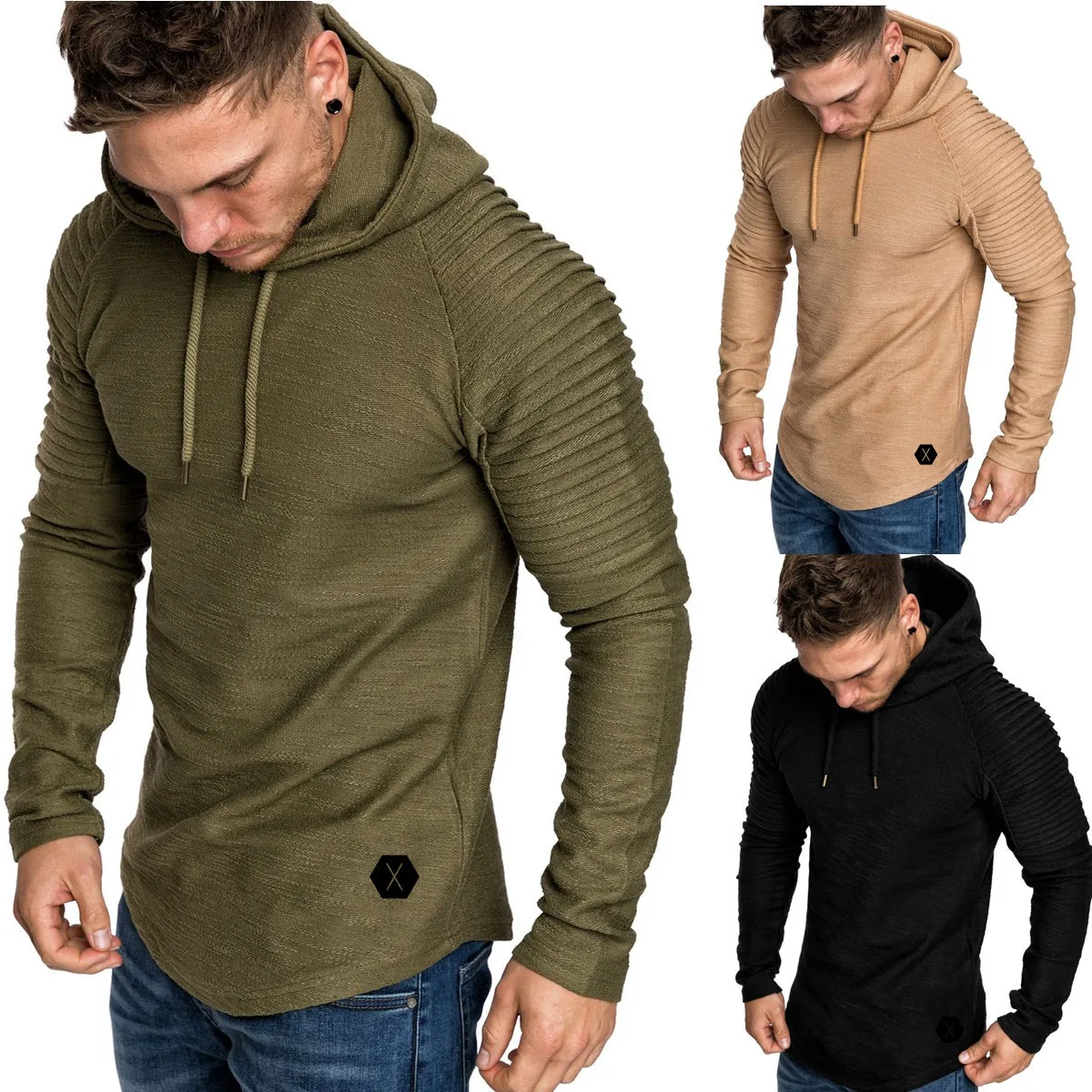 2018 Men's Slim Fit Solid Color Hooded Long Sleeve T shirt Striped Fold ...