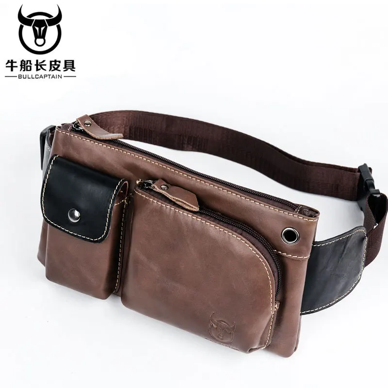 

BULLCAPTAIN Genuine Leather Waist Packs Fanny Pack Belt Bag Phone leather Pouch Bags Travel Waist Pack Male Small Waist Bag