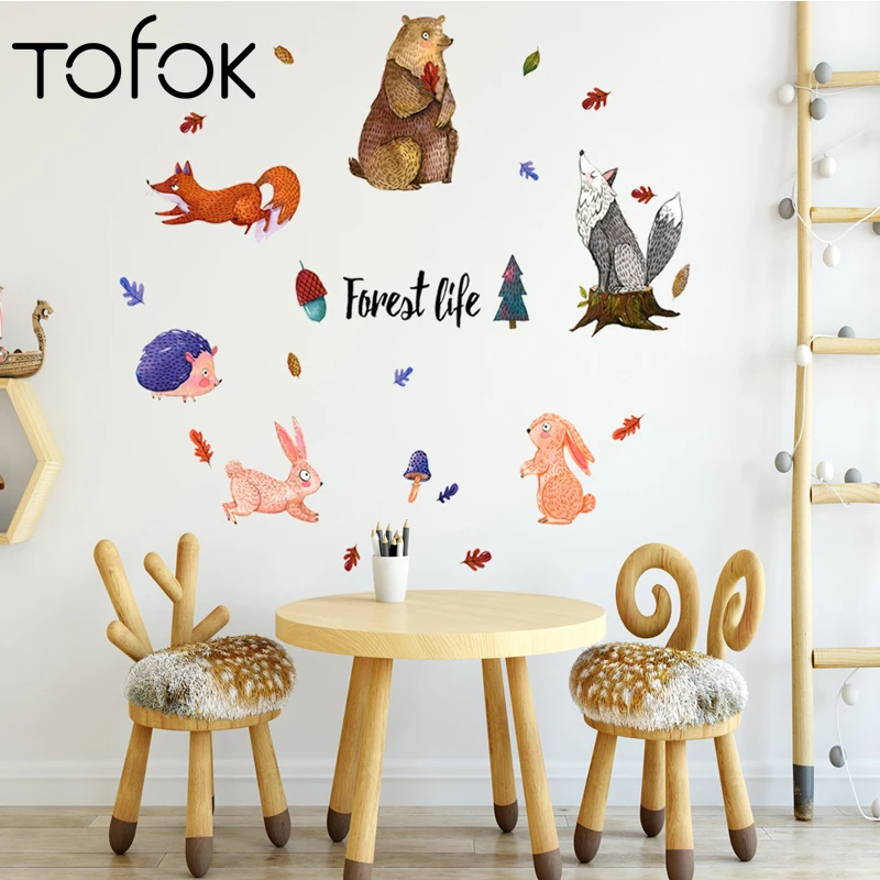

Tofok New Forest Animals Tree Wall Stickers For Kids Room Bear Rabbit Fox Children Wall Decal Nursery Bedroom Decor Poster Mural