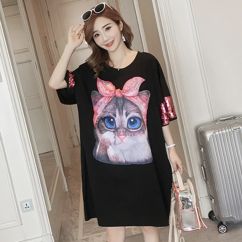 

#4901 Black Long Plus Size T Shirt With Sequins Women Loose Pearls Short Sleeve Tee Shirt Femme Funny Cartoon Printed Fashion