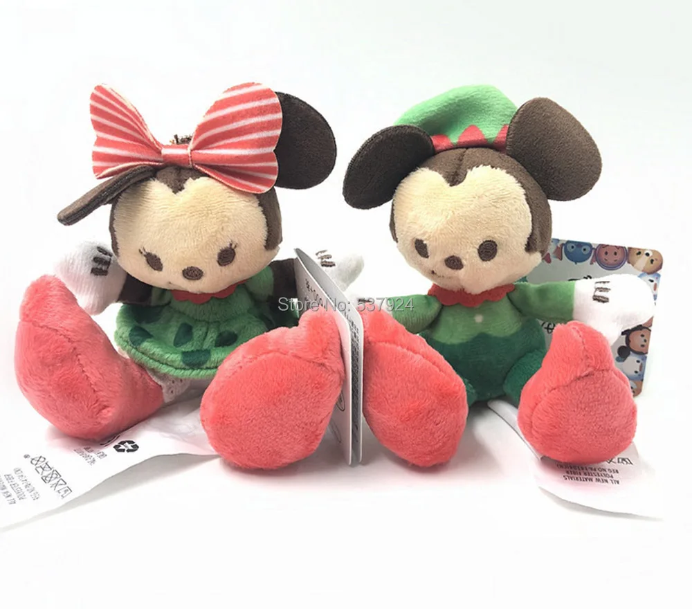 

New 2Pcs Christmas Mickey Minnie 4" 10CM Plush Doll Keychain Pendant