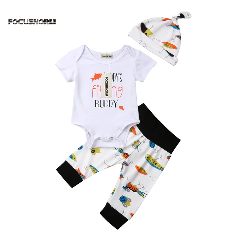 

Newborn Kids Baby Boy Fishing Print Clothes Sunsuit Short Sleeve T Shirt Top+Pants Leggings Hats 3Pcs Toddler Summer Outfits Set