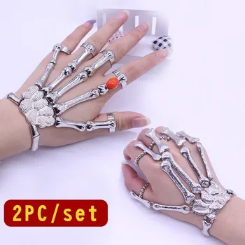 

2pcs/set Steampunk Skeleton Hand Bracelet Femme Punk Nightclub Halloween Skull Finger Bracelets Bangles For Women Pulseras