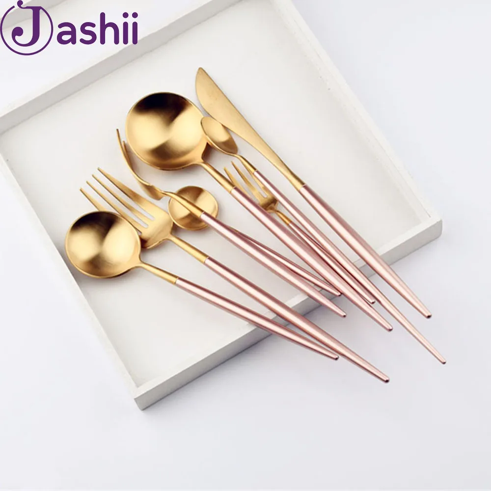 

JASHII Pink Golden Tableware Cutlery Set Dinner Knife TeaSpoon Fork Set 304 Stainless Steel Western Gold Dinnerware Set 1 Piece