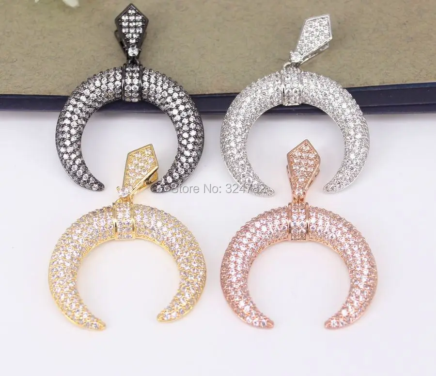 

5pcs Metal Copper Micro Pave CZ Crescent pendant Beads,Cubic Zirconia Double Horn Pendant For Jewelry Making