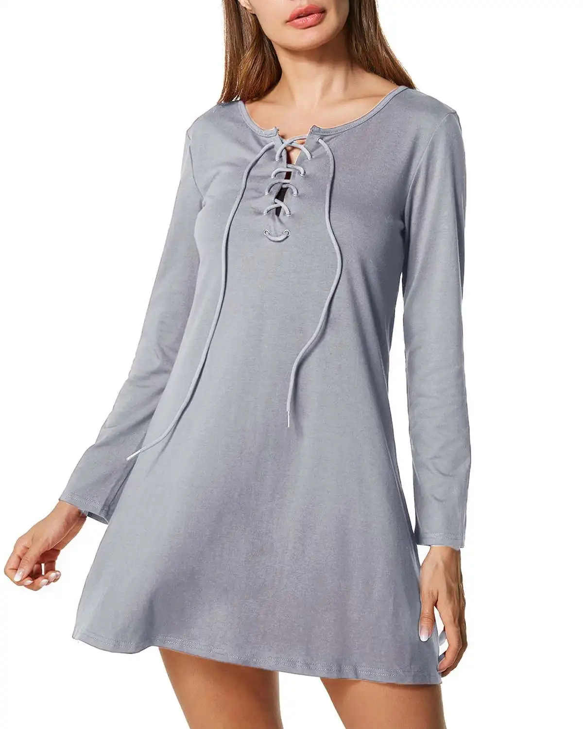 

Summer Mini Party Dress Vintage Casual Loose Solid Round Neck Long Sleeve Bandage Hollow Out Pullover Bodycon Dresses Vestidos