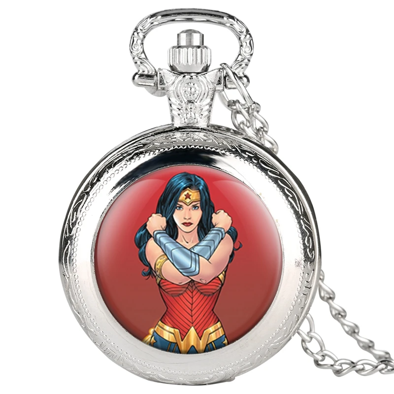 

Wonder Woman Theme Pocket Watch Necklace superhero watch Pendant Chain Quartz jewelry Watches Gifts for Women Girls Collectibles