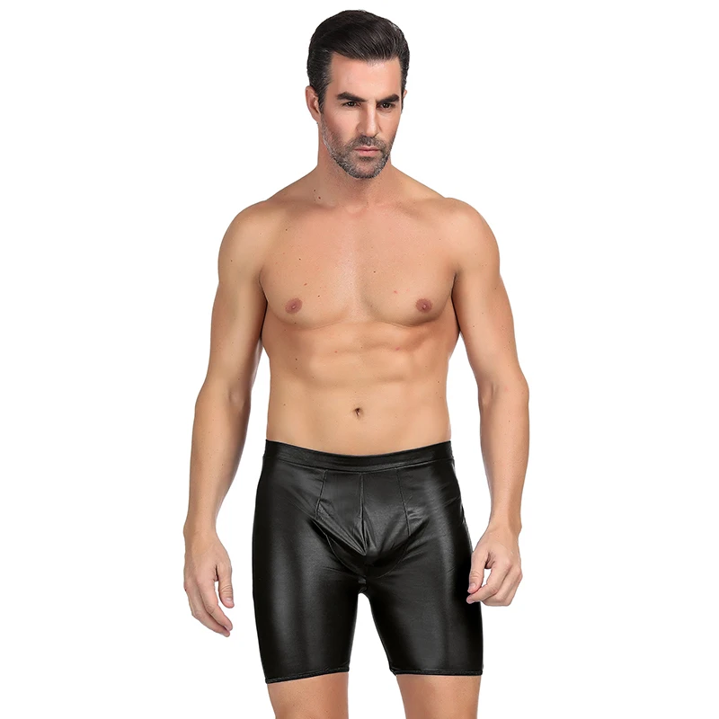 Homens Boxer Longo Abrir BackSexy Kiliglic Gay Cueca Boxer de Couro Faux Sólido Chegada Cintura