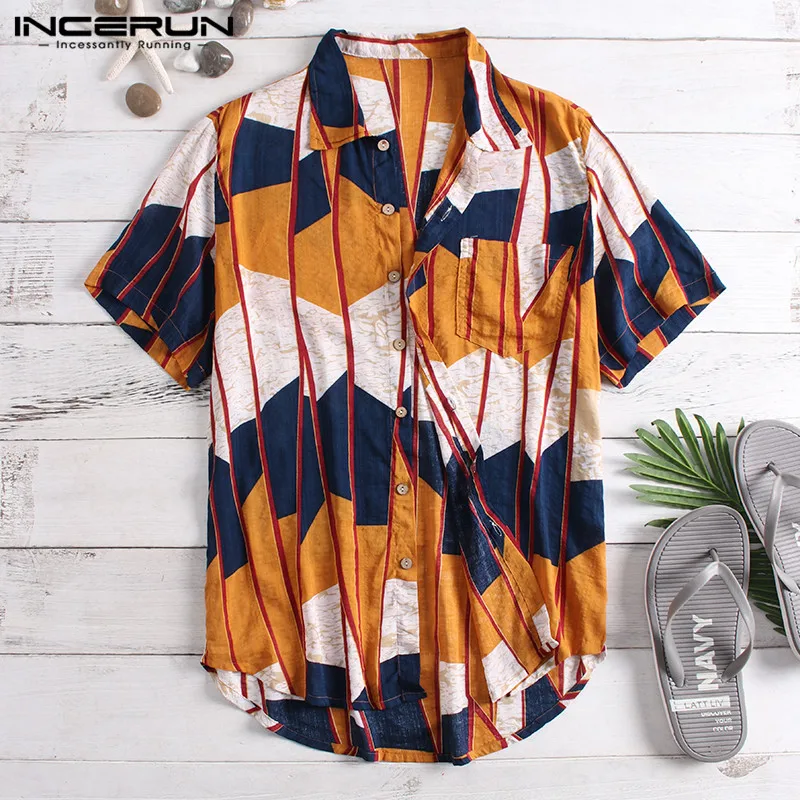 الصيف قميص رجالي قصيرة الأكمام زر التلبيب الرقبة عارضة العلامة التجارية قمم Camisa 2019 هندسية طباعة الشاطئ قميص هاواي صيفي الرجال INCERUN