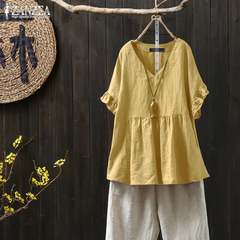 

Women Tops and Blouse ZANZEA 2019 Summer Ruffles Short Sleeve Shirt Ladies Casual Loose Work Office Chemise Blusa Feminina 5XL