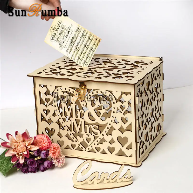 Trkee DIY Wooden Wedding Card Box with Lock and Slot for Rustic Wedding Decoration