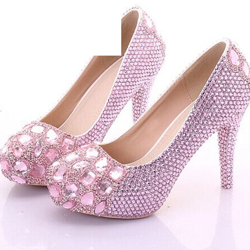 

2018 Customized Pink Crystal Birthday Party Shoes 4 Inches High Heel Cinderella Prom Pumps Wedding Bridal Dress Shoes Large Size