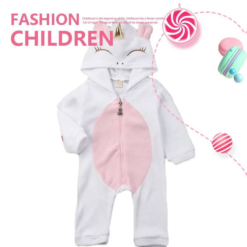 

Baby Girl 3d Unicorn Flannel Rompers Fashion Ropa Bebe Girls Cartoon Hooded Warm Zipper Jumpsuit Newborn Romper Clothes
