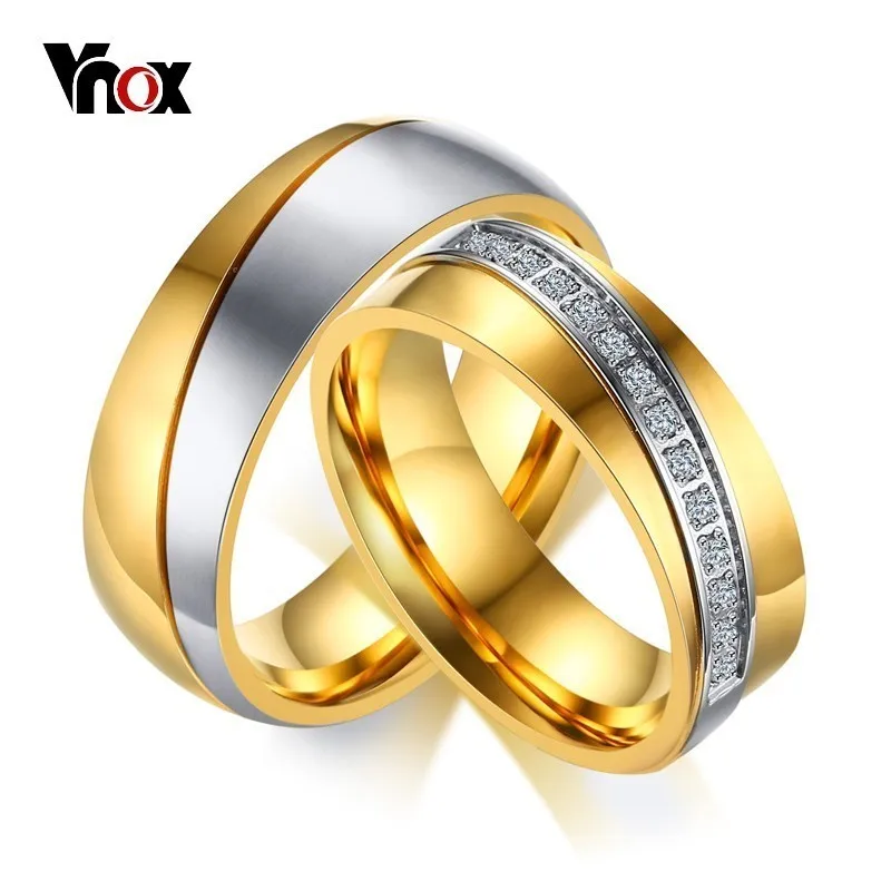 

Vnox Wedding Rings For Women Men Anniversary Band Gold Color Stainless Steel Engagement Couple Lover Jewelry AAA CZ Stones
