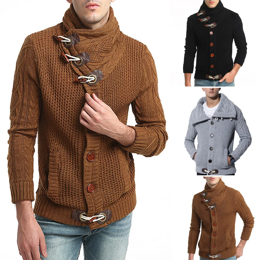 New Fashion Men Crew neck Sweater Horn Button Knitted Cardigans All- Outerwear Jackets Men Warm Tops