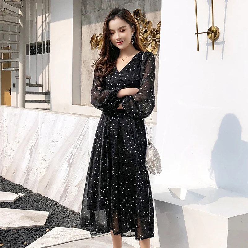 

L-5XL Plus Size Elegant Women Dress Spring 2019 Stars Hot Drilling Sexy V-neck Long Sleeve Vintage Tunic Midi Dresses Black