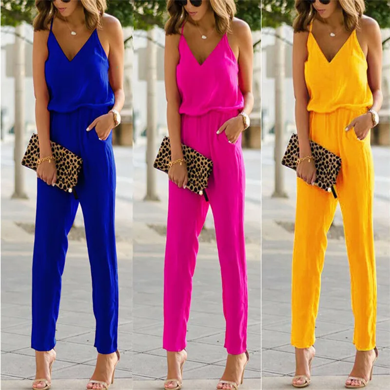 

Fashion Women Summer Spaghetti Strap Sleeveless Jumpsuits Ladies V Neck Cotton Linen Club Bodycon Long Pants Romper Trouser New