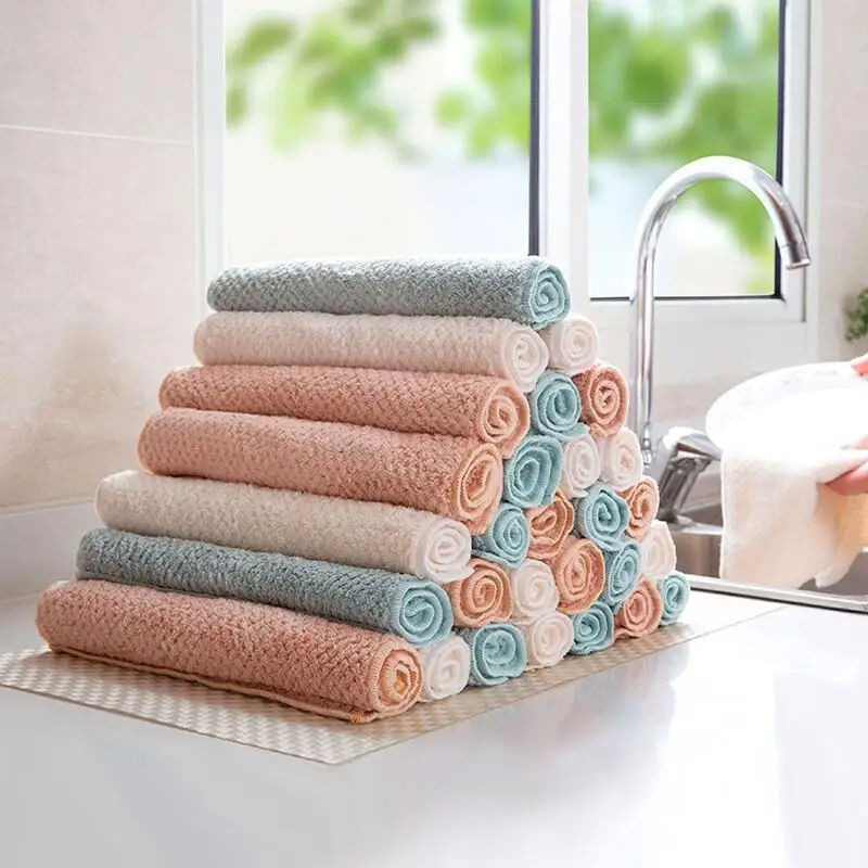 

Absorption Scouring Pad Kitchen Coral Cloth with Soft Nap Fish Scale Cloth Thick Oil-proof Double Dish Cleaning Cloth Hand Towel