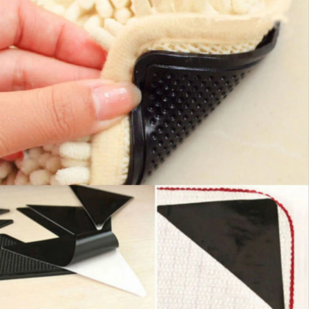

4Pcs/lot Triangle Reusable Anti-skid Rubber Mat Non Slip Patch Mat Washable Rug Gripper Stopper Tape Sticker Black Corners Pad