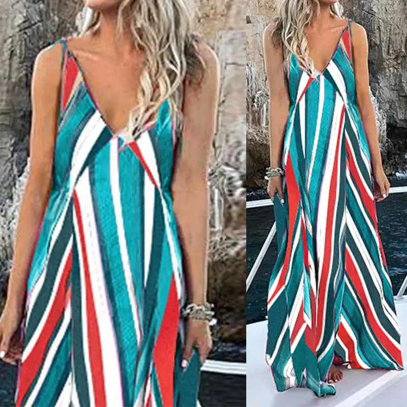 

2019 Celmia Women Long Dress Sexy Strap Deep V Neck Striped Beach Summer Dresses Colorful Vintage Maxi Vestidos Robe S-5XL