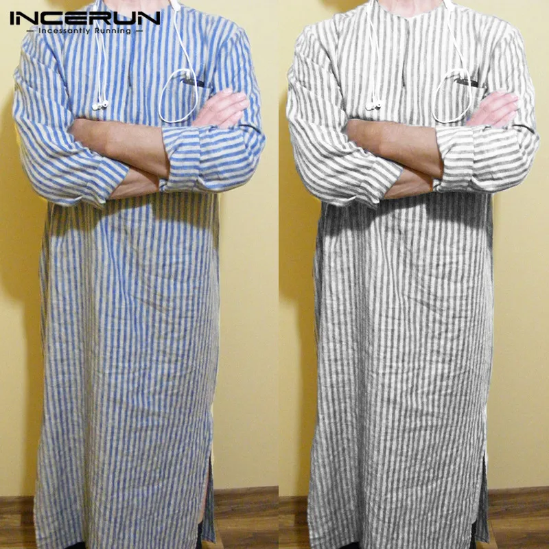 

INCERUN 2019 Men Islamic Arab Kaftan Long Sleeve Stripe Men Robe Loungewear Men Muslim Saudi Arabia Dubai Robe Clothes Plus Size