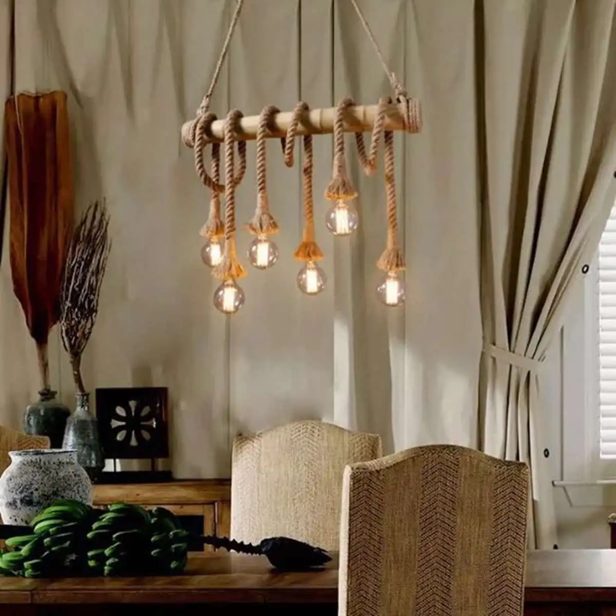 

Country Retro Bamboo Hemp Rope Pendant Lights 6 Head E27 Bulb Hanging Lamp Rope Lamp For Bedroom Dining Room Cafe Hang Lamp