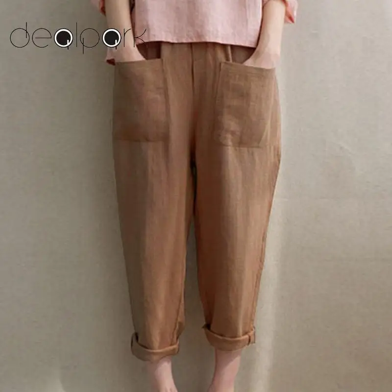 

Cotton Linen Pants Women 5XL Plus Size Trousers Elastic Waist Pockets Solid Harem Pant Casual Pantalon Female Sweatpants Trouser