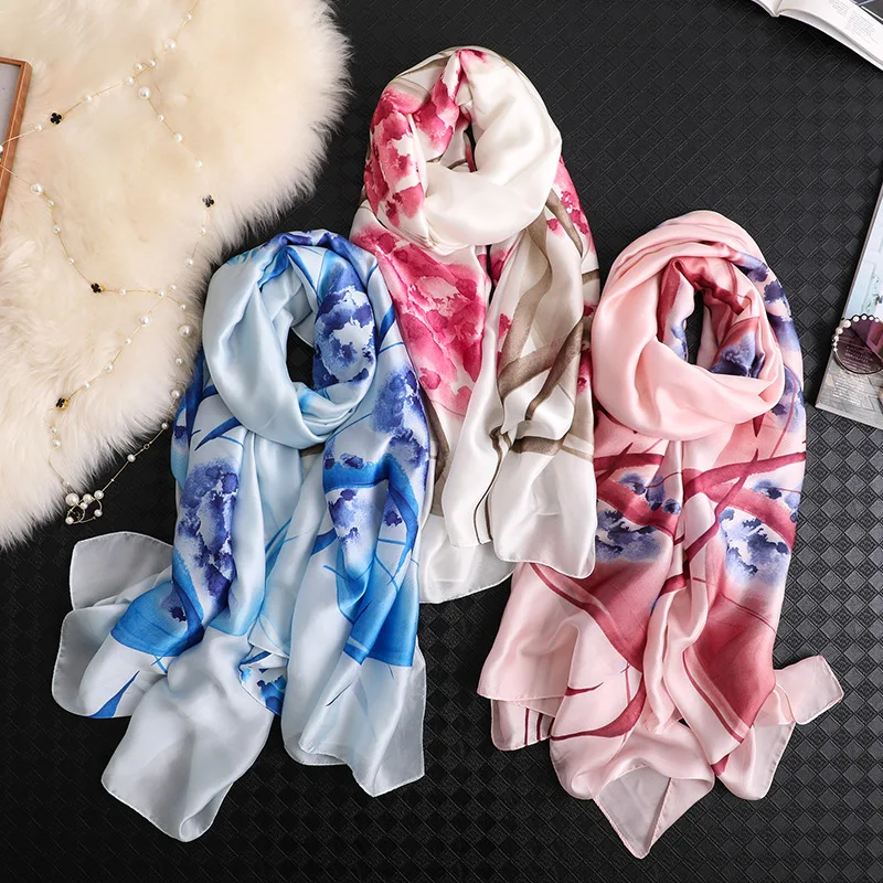 

Floral printed silk scarf for women large pashmina spring summer shawls and wraps elegant lady winter scarves hijab femme