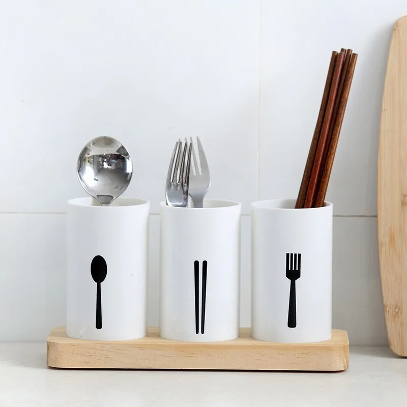 Stylish Silverware Holder White Tableware Storage Box Kitchen Utensil Holder For Spoon Fork Knife With Wood